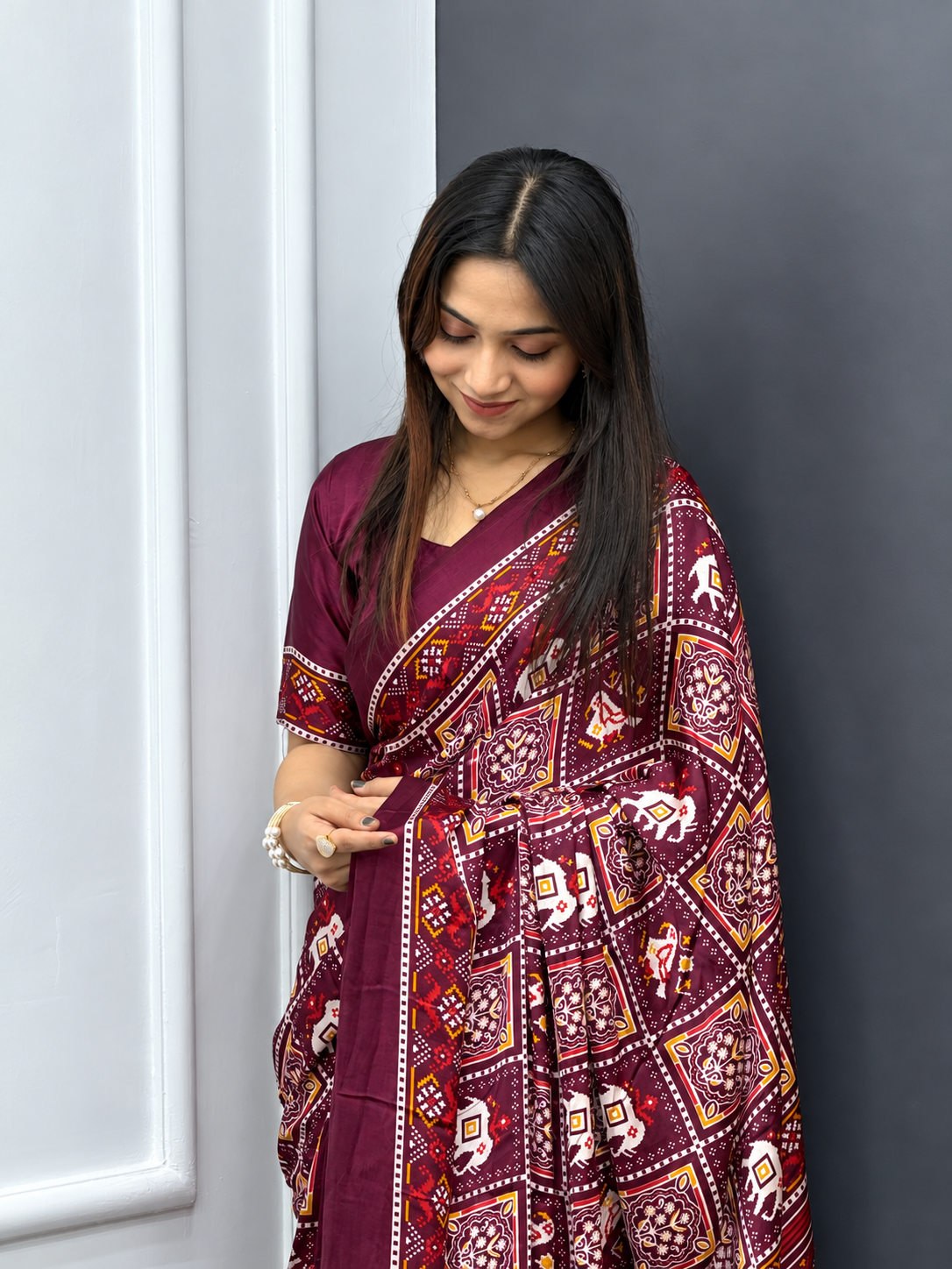 The Imperial Wine Silhouette Luxury Patola Print Japan Satin Saree