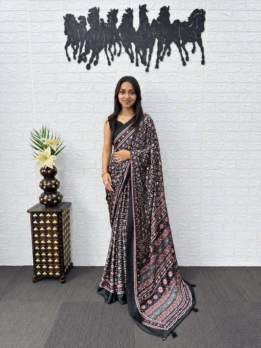 Bollywood Glam Heavy Mirror Work Japan Satin Saree with Viscose Latkan