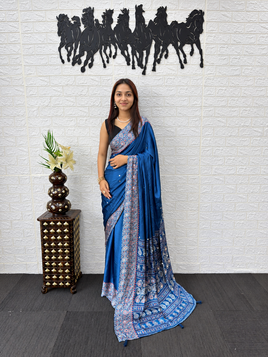 Signature Festive Wear Blue Japan Satin Silk Saree with Ornate Mirror-Lace Border