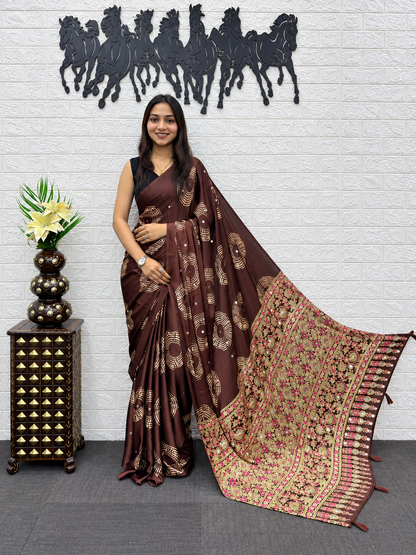 Beautiful Bronze Japan Satin Silk Saree with Heavy Mirror Work