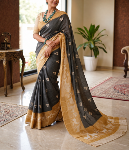 The Royal Legacy Black & Beige Traditional Motif Saree
