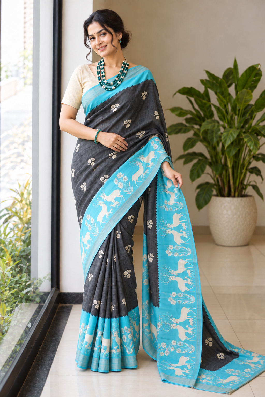 Modern Heritage Charcoal Saree with Sky Blue Deer and Floral Motif Pallu