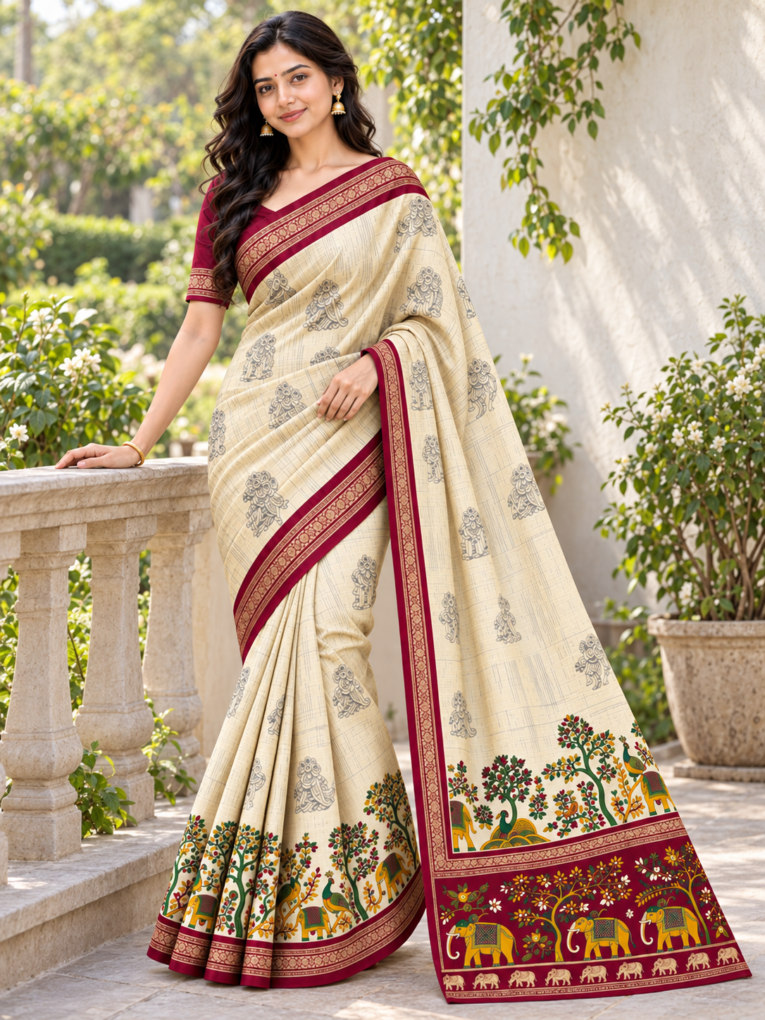 Aarohi Cream & Maroon Saree with Artistic Peacock and Elephant Motifs, Floral Detailing and Gold-Toned Border