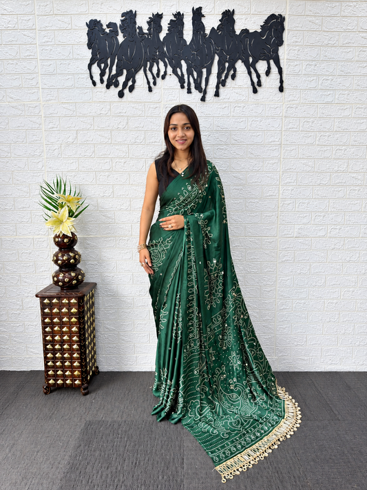 The Emerald Peacock Grace Semi Gajji Satin Silk Bandhani Saree