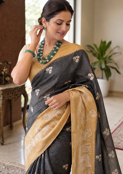The Royal Legacy Black & Beige Traditional Motif Saree