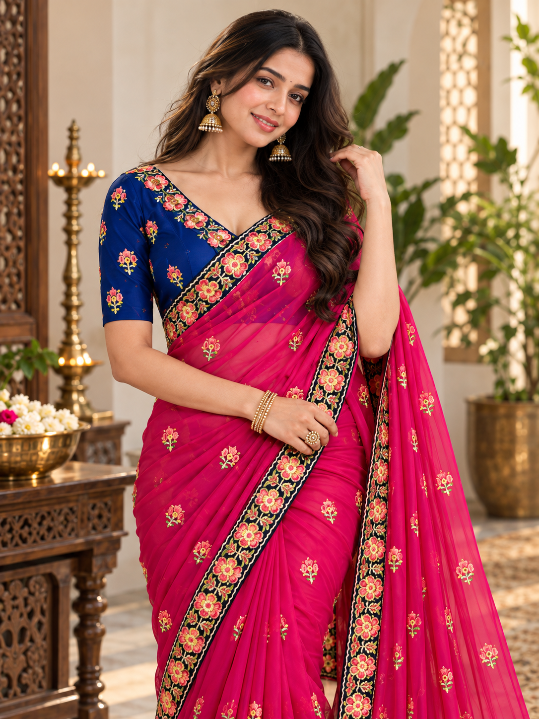 Royal Rani Pink Floral Embroidered Luxury Saree with Contrast Navy Blouse