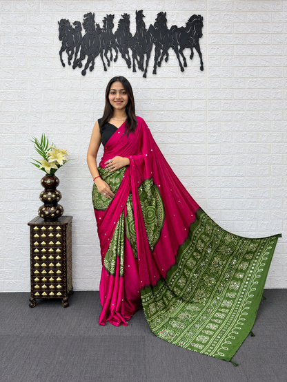 Gulabi Raas Magenta & Olive Japan Satin Silk Mirror Work Saree with Latkan Pallu