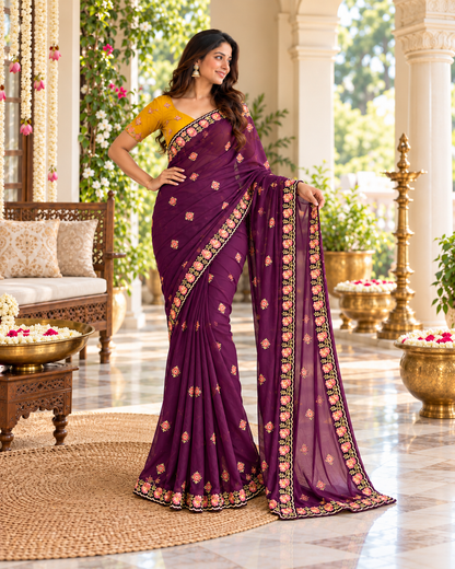 Regal Plum Embroidered Border Luxury Saree