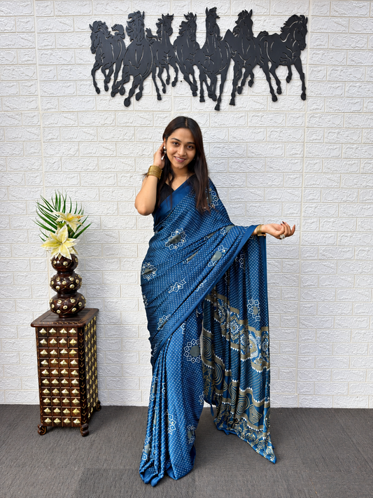 Prussian Blue Japan Satin Silk Mirror Work Saree