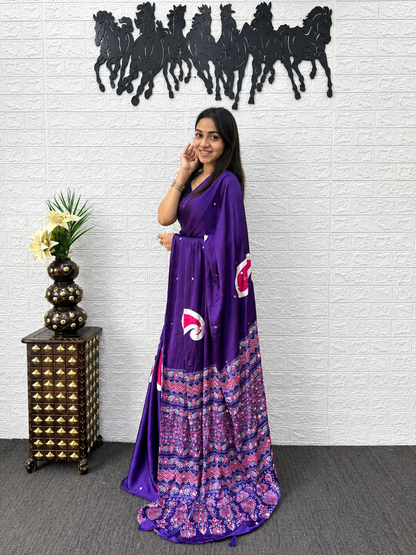 Celeb Inspired Deep Purple Satin Silk Saree Real Mirror Embellishments & Designer Tassel Pallu