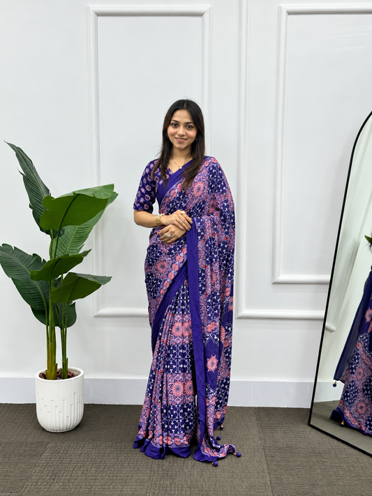 Glorious Purple Crepe Silk Saree With Ethnic Blouse Piece