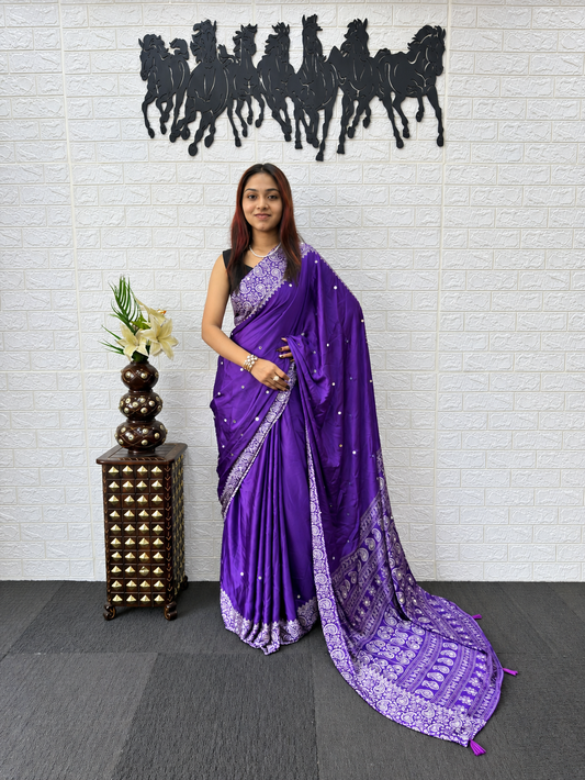 Meera High Density Mirror Work Satin Saree with Contrast Geometric Motif Pallu