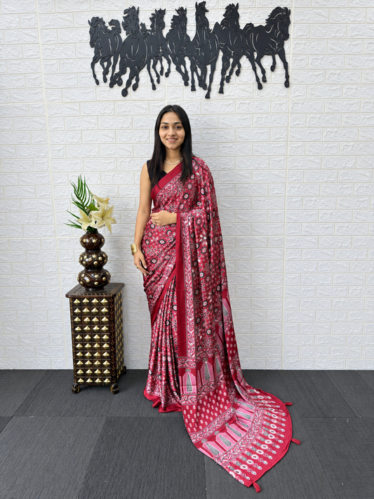 Marvellous Maroon Red Japan Satin Silk Saree With Unique Blouse Piece