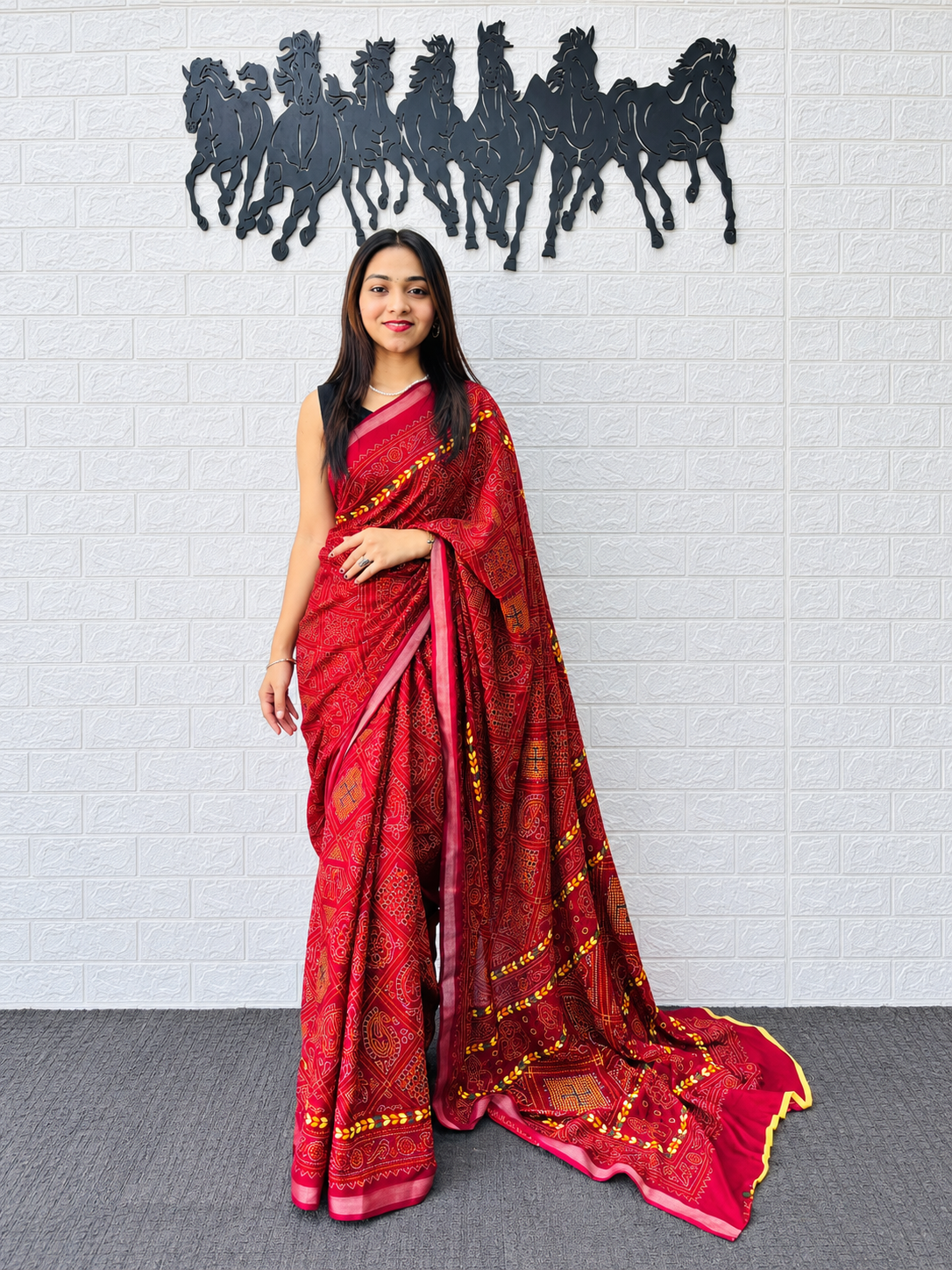 Luxury Heavy Mal Mal Cotton Printed Saree in Deep Red with Rich Traditional Border Work