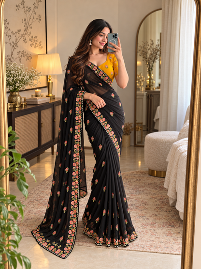 Elegant Midnight Black Floral Embroidered Designer Saree with Premium Festive Border