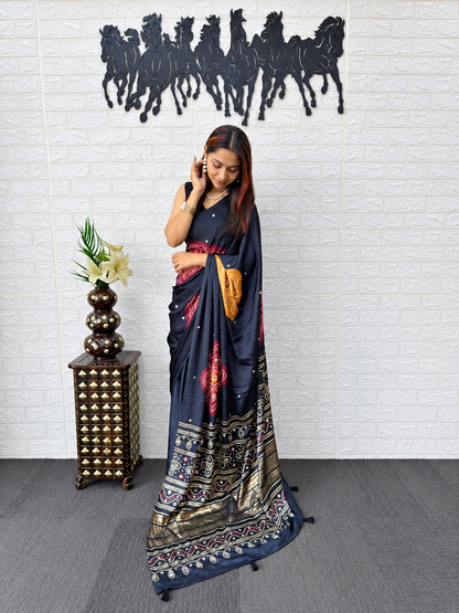Noir Japan Satin Silk Saree with Royal Bandhani Foil Print and Mirror Work Border