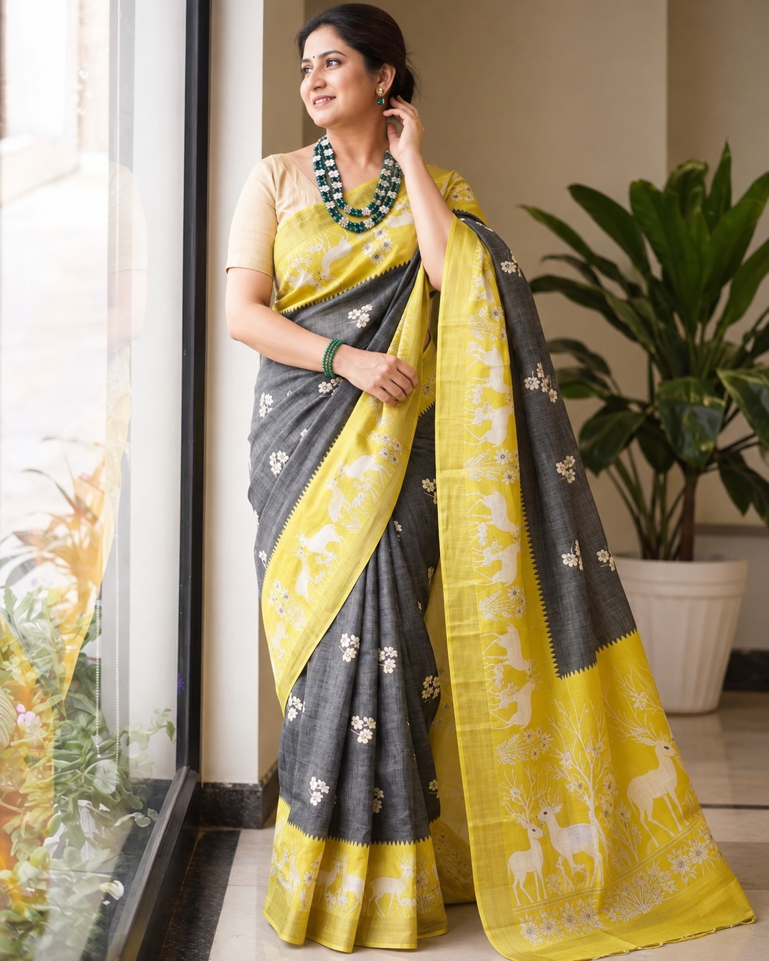 Royal Sunshine Yellow & Black Heritage Saree with Traditional Floral and Artistic Pallu