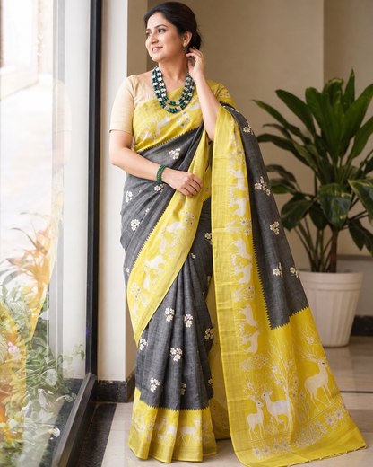 Royal Sunshine Yellow & Black Heritage Saree with Traditional Floral and Artistic Pallu