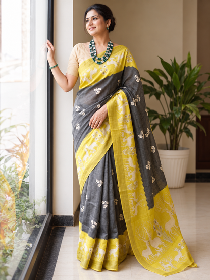 Royal Sunshine Yellow & Black Heritage Saree with Traditional Floral and Artistic Pallu