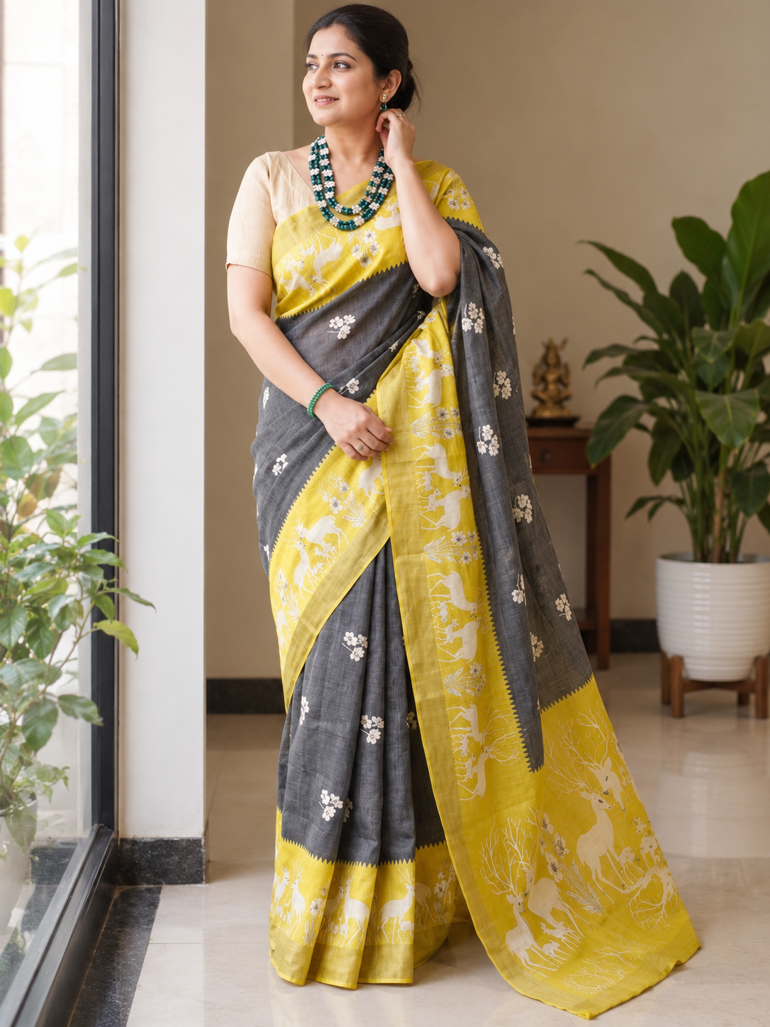 Royal Sunshine Yellow & Black Heritage Saree with Traditional Floral and Artistic Pallu
