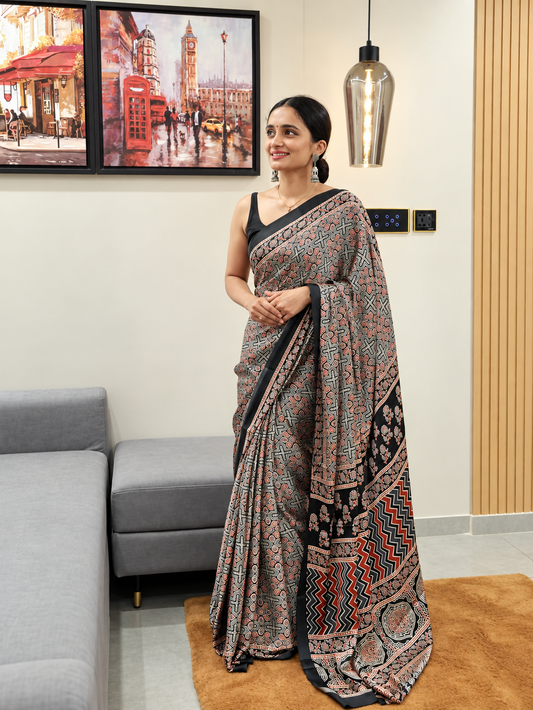 Classic Ethnic Luxury Japan Satin Silk Semi Gajji Saree with Digital Ajrakh Border