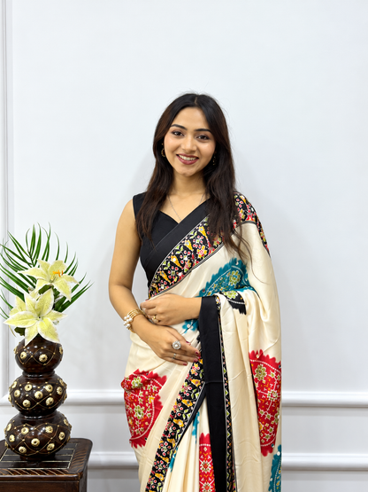 Designer Cream Japan Satin Silk Print Saree with Heavy Mirror Embellished Border and Viscose Latkan Pallu