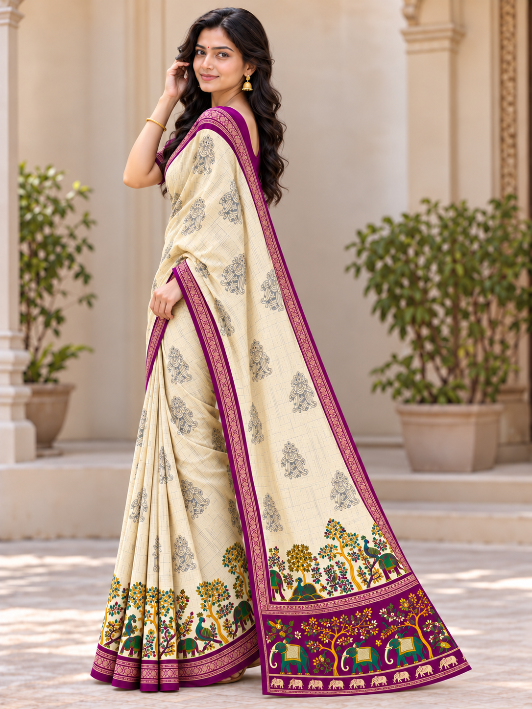 Vrinda Cream and Purple Saree with Floral Trees and Elephant Prints