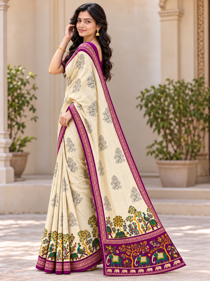 Vrinda Cream and Purple Saree with Floral Trees and Elephant Prints
