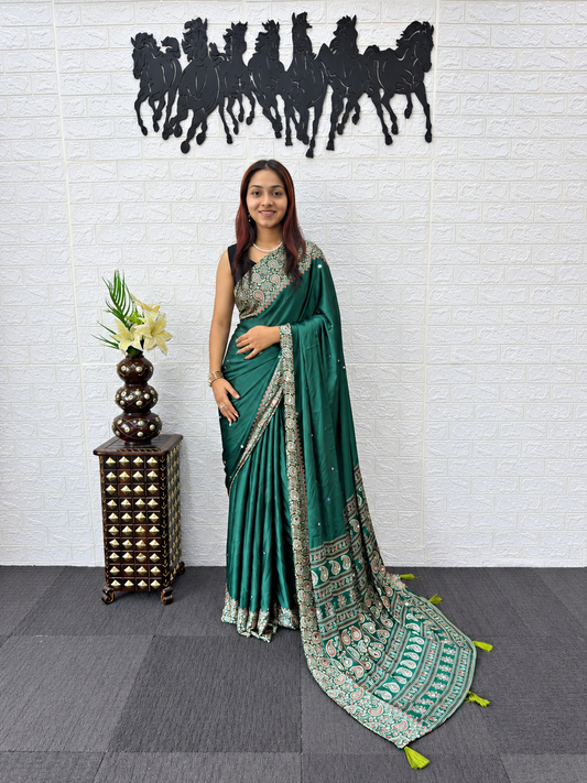 Devyanshi Luxury Japan Satin Silk Saree with Heavy Glass-Mirror Borders and Artisanal Viscose Latkan