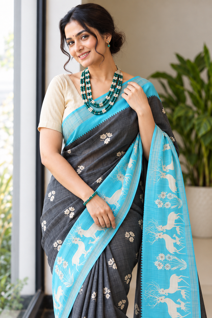 Modern Heritage Charcoal Saree with Sky Blue Deer and Floral Motif Pallu