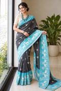 Modern Heritage Charcoal Saree with Sky Blue Deer and Floral Motif Pallu
