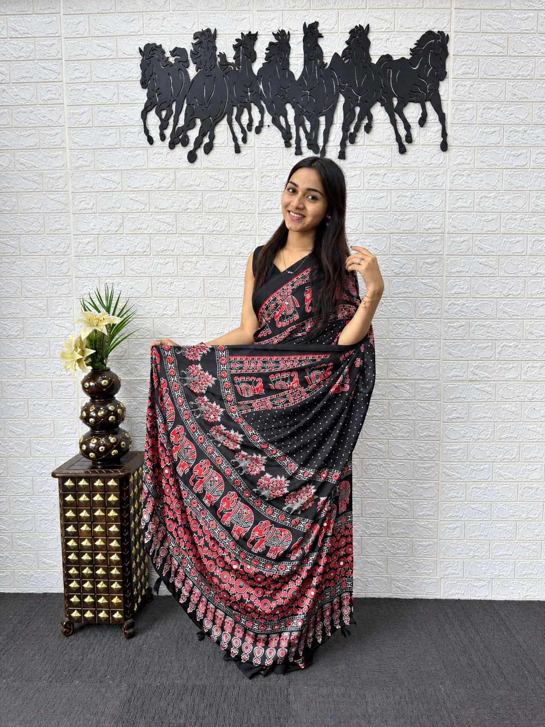 The Noir Luxury Japan Satin Silk Heavy Real Mirror Work Border Saree