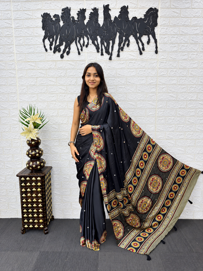 The Royal Luxury Black Japan Satin Silk Saree featuring Heavy Mirror Work & Designer Viscose Pallu