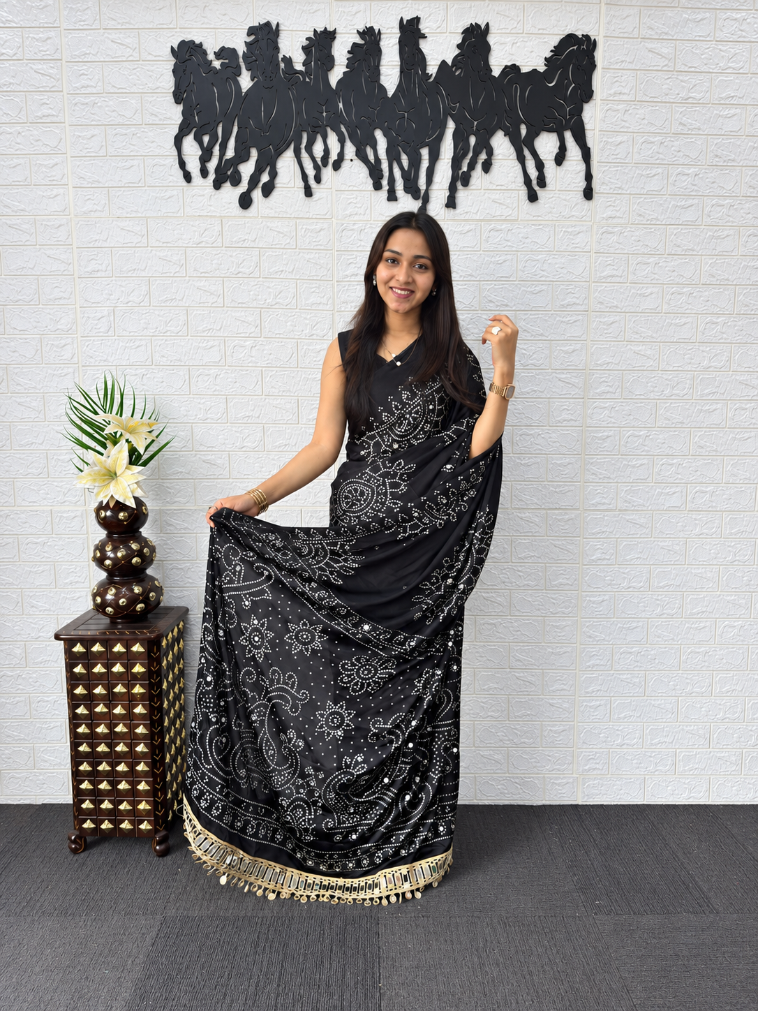 The Runway Noir Premium Japan Satin Silk Bandhani Saree
