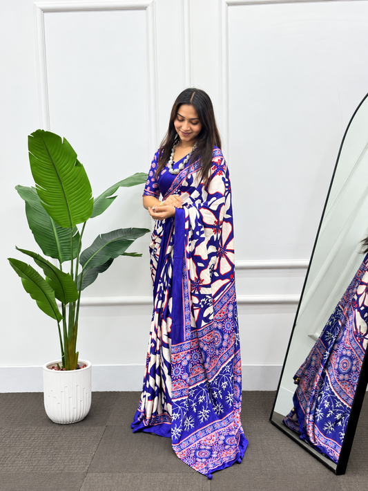 Ocean Iris Soft Japan Satin Silk Abstract Print Saree with Heavy Latkan