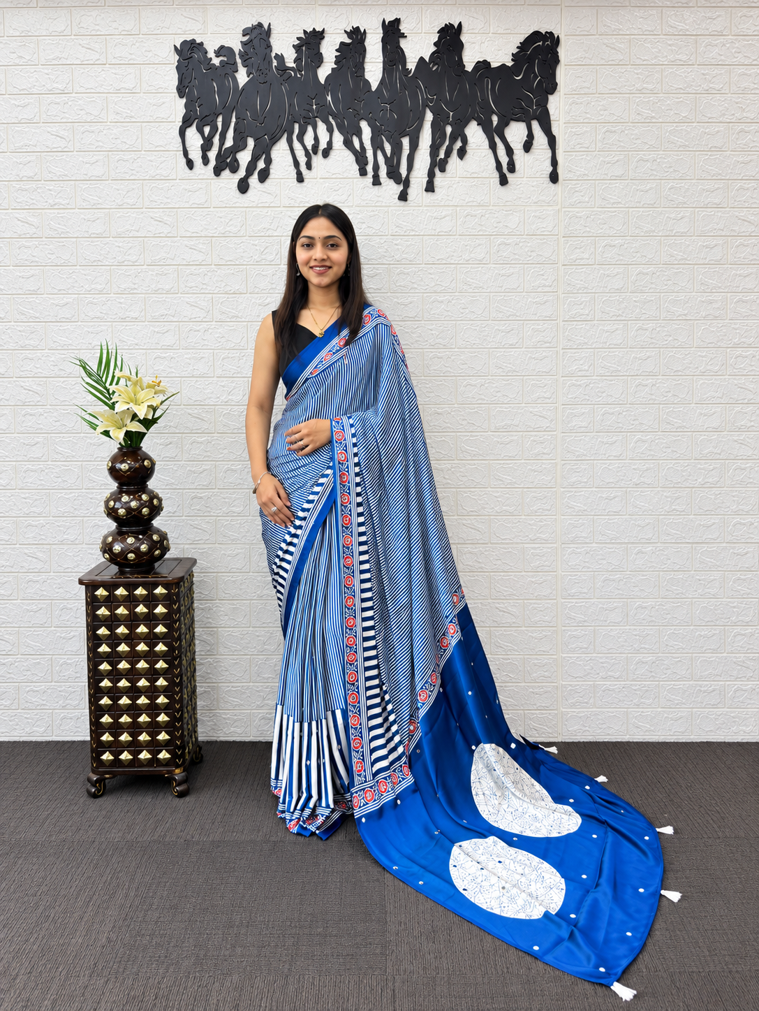 The Kavya Oceanfront Premium Midnight Blue Linear Satin Saree