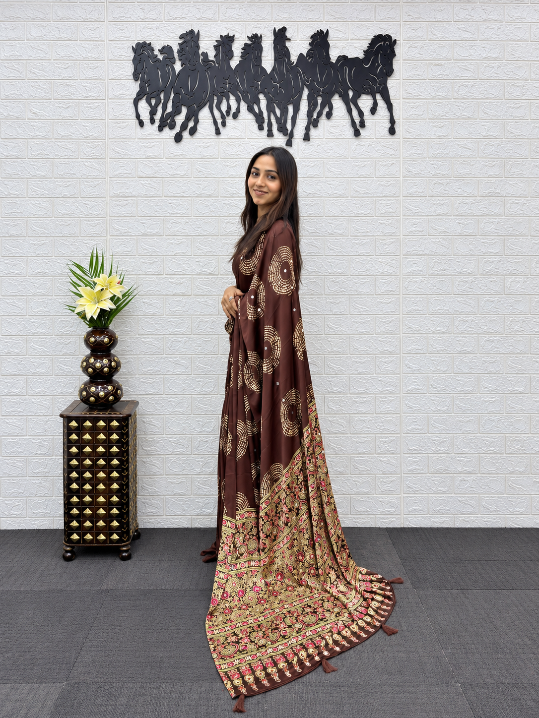 Beautiful Bronze Japan Satin Silk Saree with Heavy Mirror Work