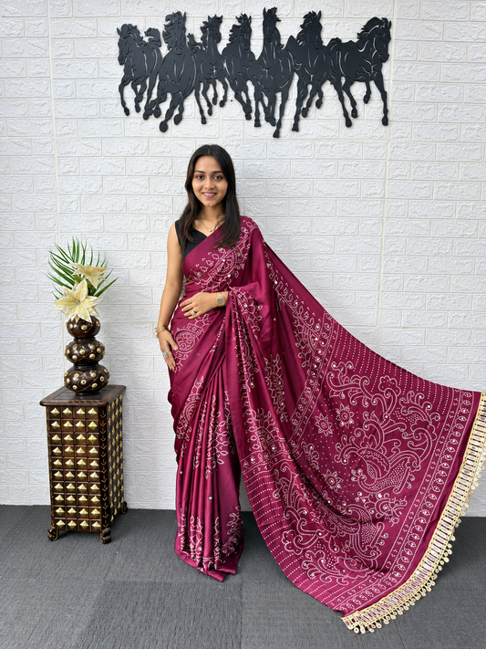 Aura Premium Japan Satin Silk Bandhani Saree with Peacock Pallu