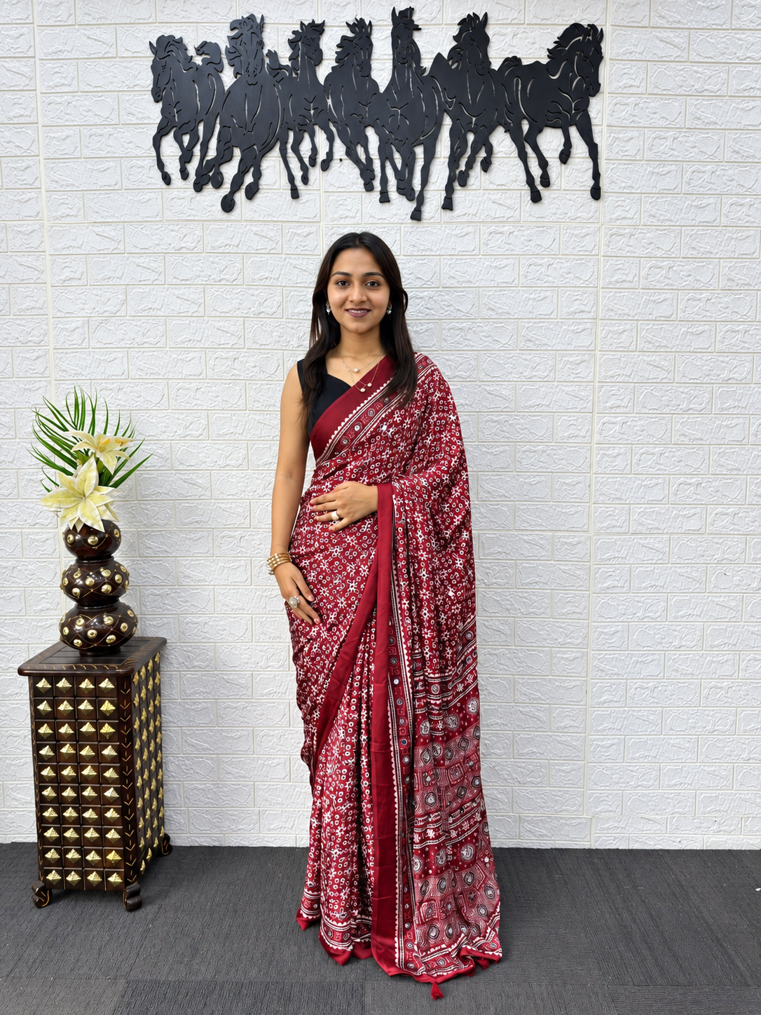 Crimson Ritz Japan Satin Silk Saree with Glinting Mirror Work