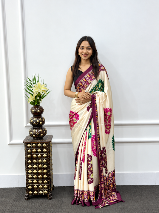 Ivory Cream Japan Satin Silk Saree with Heavy Real Mirror Work & Traditional Geometric Pallu Border