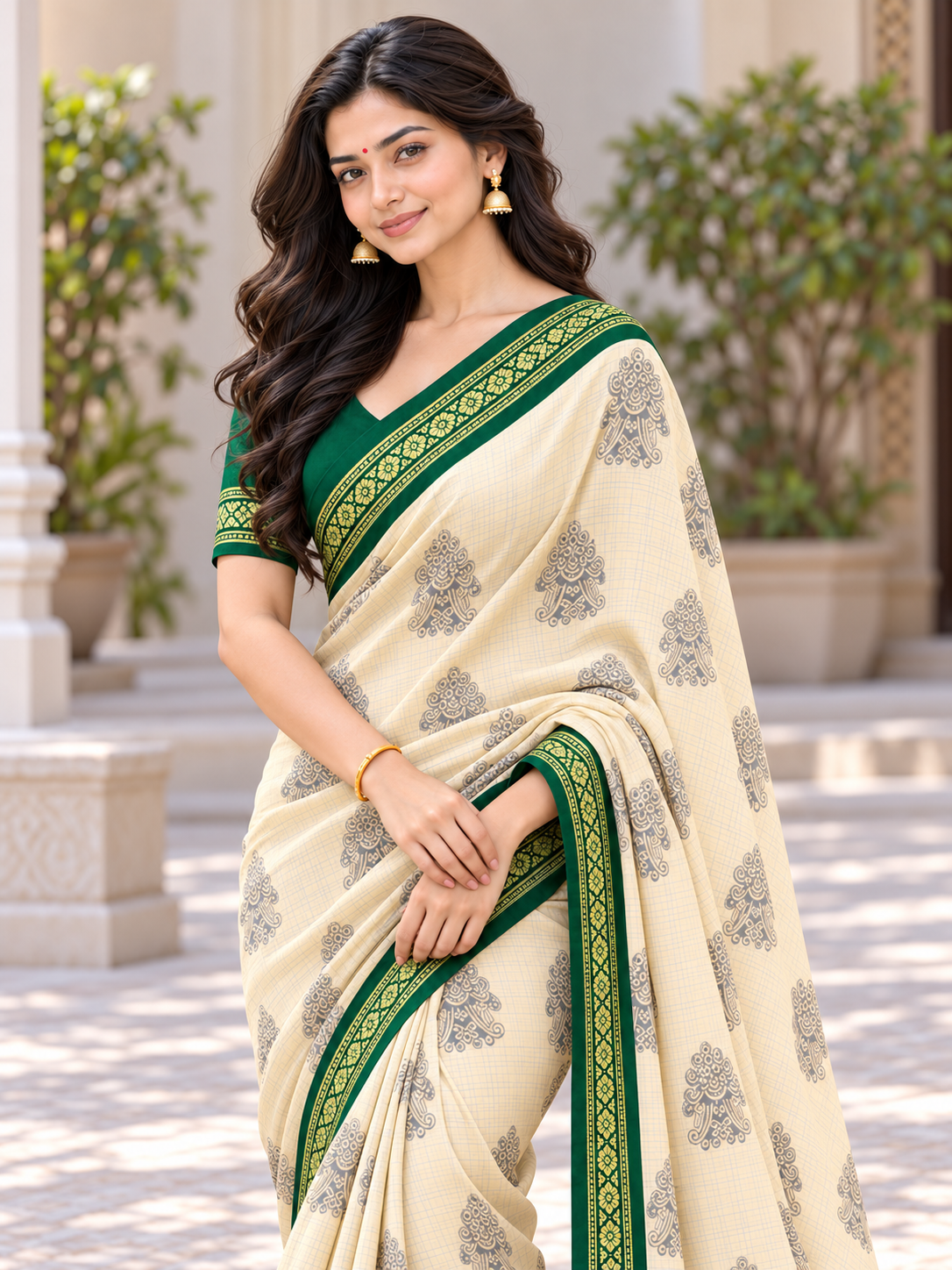 Royal Cream and Emerald Green Saree with Colourful Elephant Motifs and Ornamental Gold Border