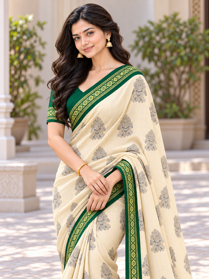 Royal Cream and Emerald Green Saree with Colourful Elephant Motifs and Ornamental Gold Border