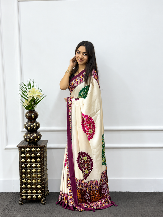Ivory Cream Japan Satin Silk Saree with Heavy Real Mirror Work & Traditional Geometric Pallu Border