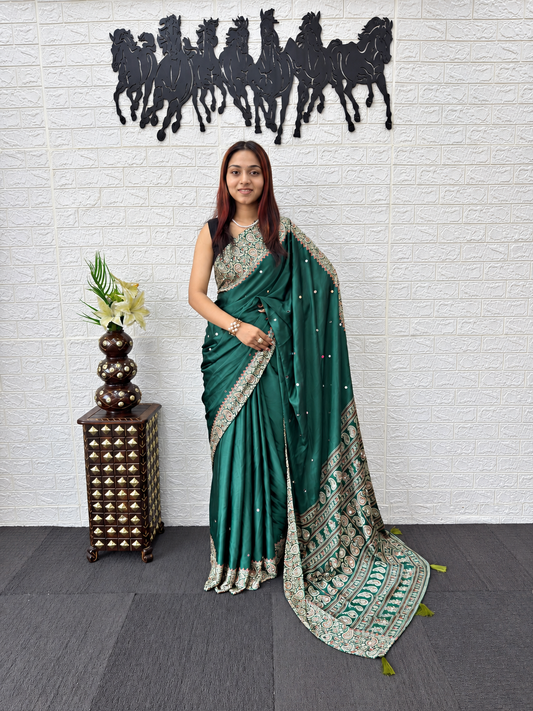 Devyanshi Luxury Japan Satin Silk Saree with Heavy Glass-Mirror Borders and Artisanal Viscose Latkan