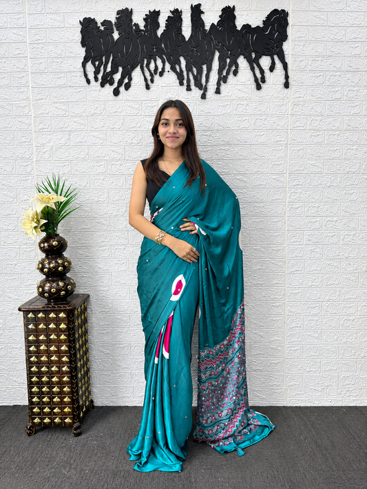 The Myra Signature Peacock Teal Japan Satin Saree with Heavy Mirror Work
