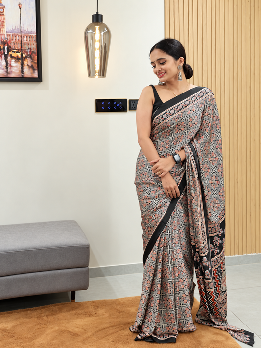 Classic Ethnic Luxury Japan Satin Silk Semi Gajji Saree with Digital Ajrakh Border