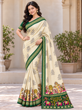Royal Cream and Emerald Green Saree with Colourful Elephant Motifs and Ornamental Gold Border