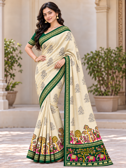 Royal Cream and Emerald Green Saree with Colourful Elephant Motifs and Ornamental Gold Border