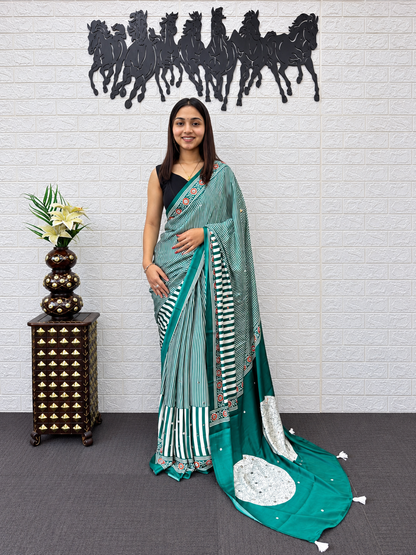 Nyra Premium Royal Mint Stripe Pattern Saree With Heavy Real Mirror Handwork Border