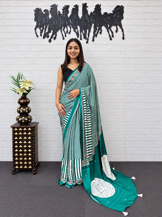 Nyra Premium Royal Mint Stripe Pattern Saree With Heavy Real Mirror Handwork Border